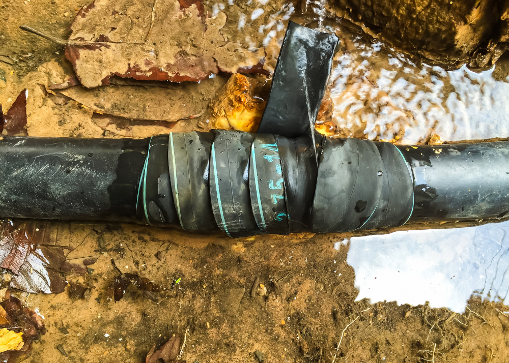 A pipe with a repaired leak fixed by tape